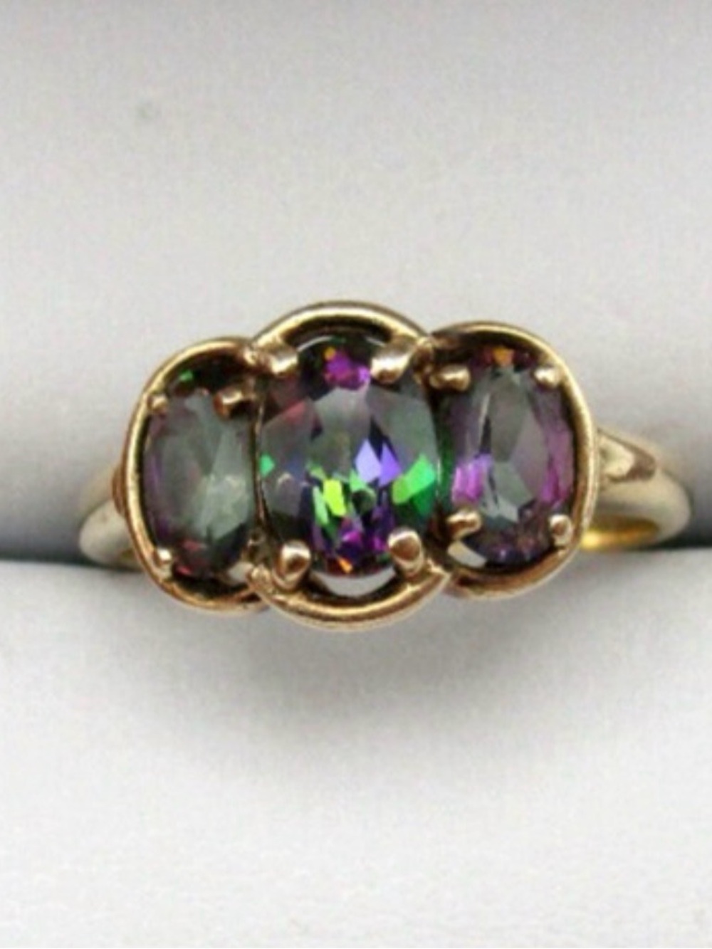 Mystic Topaz Triple Stone Gold Ring - Purple/Green